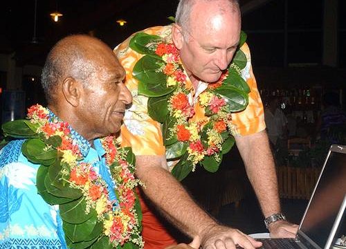 Speaker of the House of Representative , Pita Nacuva with Robert Wade at the launching of the appeal