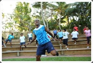 Outrigger Fitness Trainer Sepesa Leweniqila lead the staff for zumba