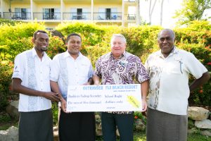 Outrigger GM Peter Hopgood; Activities Manager, Kini Sarai with representatives from the Nadroga/ Navosa Schoolboys rugby, Sekove Rasuka (President) & Timoci Nawaqa (Secretary)