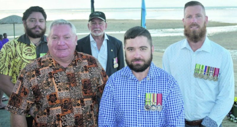 Paul Newtown, Outrigger Fiji Beach Resort general manager Peter Hopgood, Ian Duffy, Luke O’Connor and Linden Mooney at the resort to mark Anzac Day dawn service at the Coral Coast on April 25, 2018. Photo: Waisea Nasokia