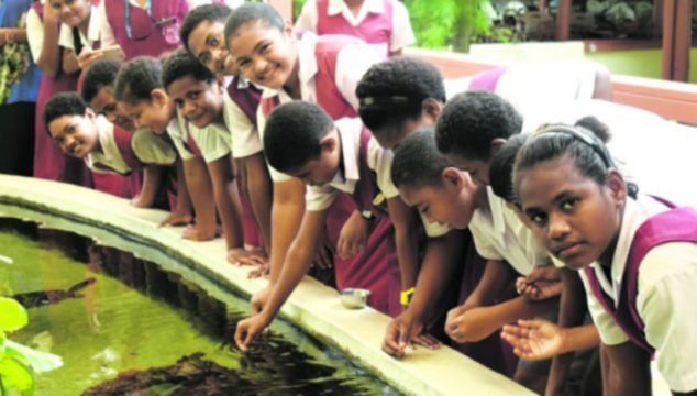 Students of Saint Joan of Arc School in Sigatoka feed turtles at the Kula Eco Park at Korotogo on 16 May 2018. Photo: Arieta Vakasukawaqa