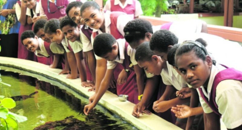 Students of Saint Joan of Arc School in Sigatoka feed turtles at the Kula Eco Park at Korotogo on 16 May 2018. Photo: Arieta Vakasukawaqa