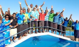 Hexagon Group chairman Hafiz Khan and MD Dixon Seeto with traditional landowners at Yadua Bay Resort and Villas.