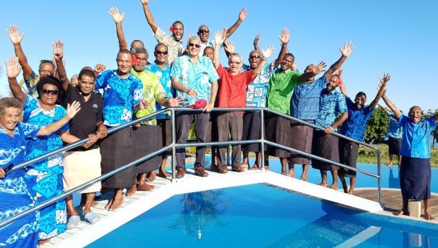 Hexagon Group chairman Hafiz Khan and MD Dixon Seeto with traditional landowners at Yadua Bay Resort and Villas.