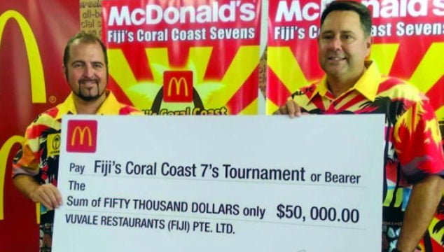 Tournament director Jay Whyte with McDonald’s Fiji managing director Marc McElrath in Suva at the launch of the 2020 Fiji McDonald’s Coral Coast Sevens on November 26,2019. Photo: Simione Haravanua