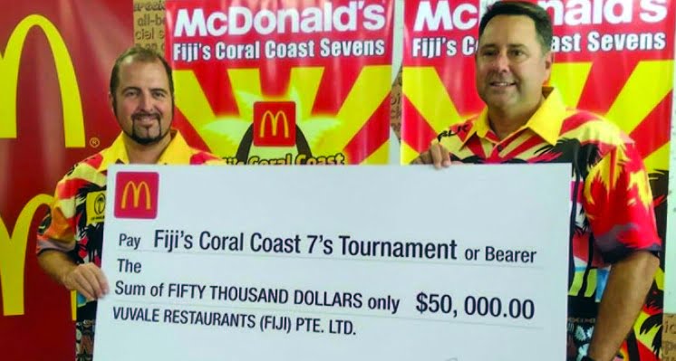 Tournament director Jay Whyte with McDonald’s Fiji managing director Marc McElrath in Suva at the launch of the 2020 Fiji McDonald’s Coral Coast Sevens on November 26,2019. Photo: Simione Haravanua