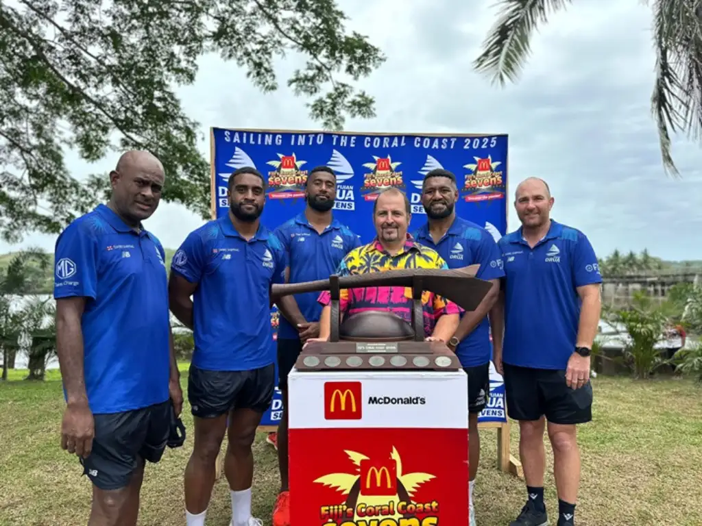 Some members of the Fijian Drua team and Jay Whyte in Sigatoka.